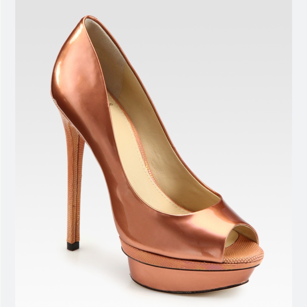 B Brian Atwood Women's Metallic Florencia Patent Leather Peep Toe Platform Pumps